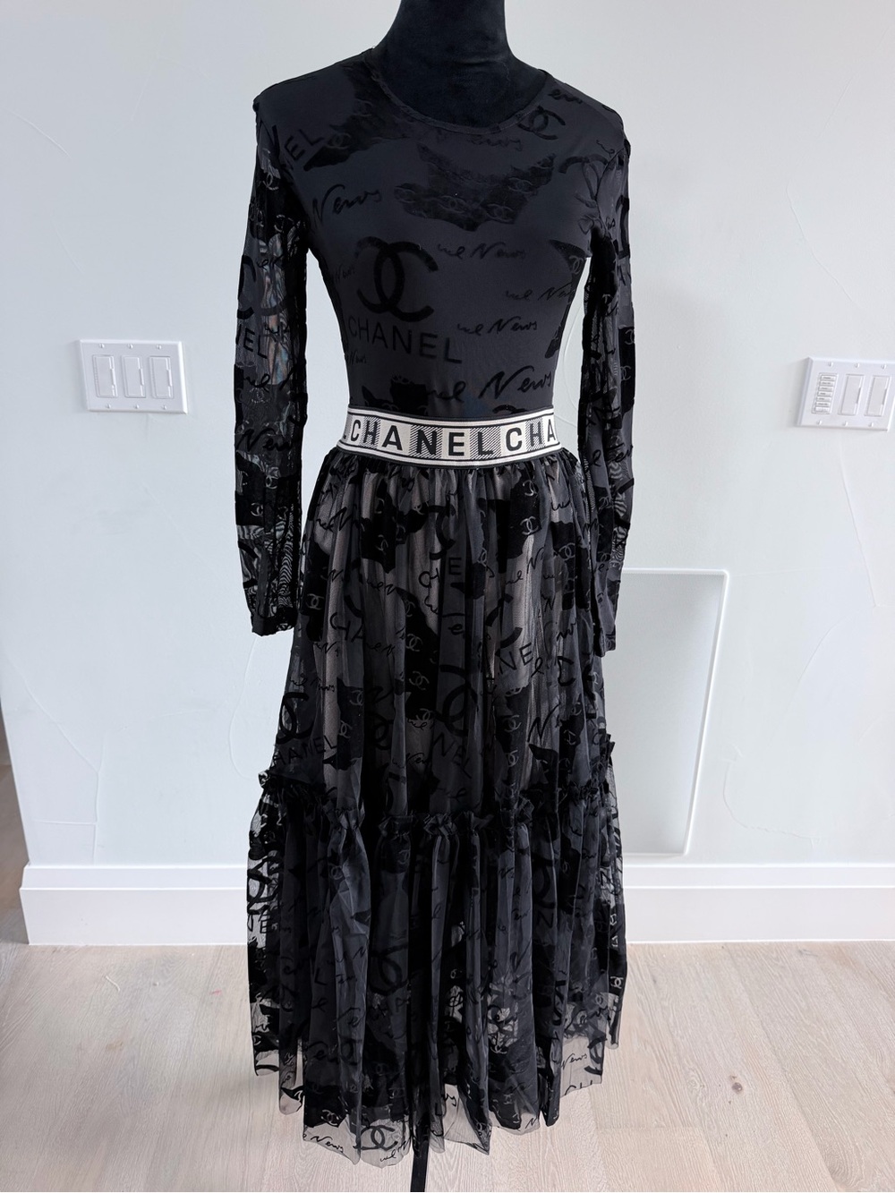 Black Logo Mesh Long Sleeve Top with Matching Skirt size M